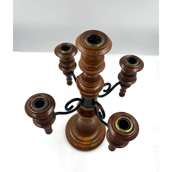 Vintage Candelabra Wooden Curved Metal 4 Arms Stick Candle Holder Decor - Picture 9 of 11